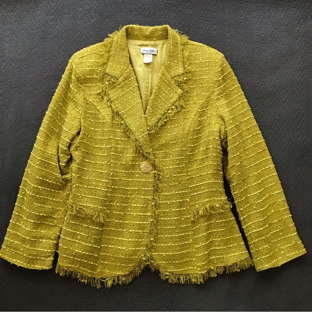 Vintage Design Todays USA 100% Cotton Jacket Caterpillar Green Fringe Button 1X